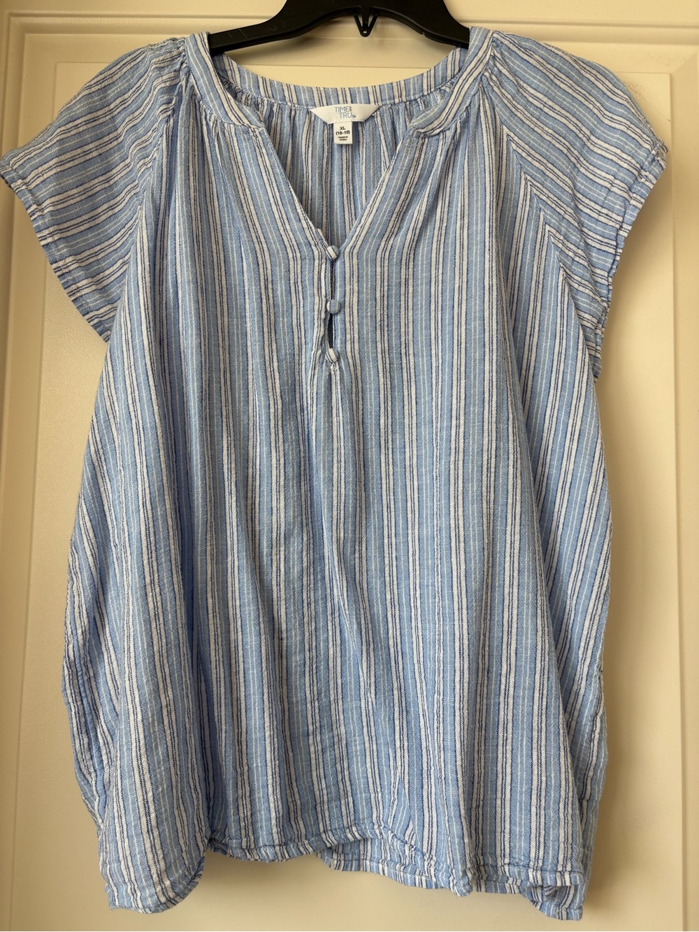 Time and Tru Blue and White Striped Cotton Peasant Blouse